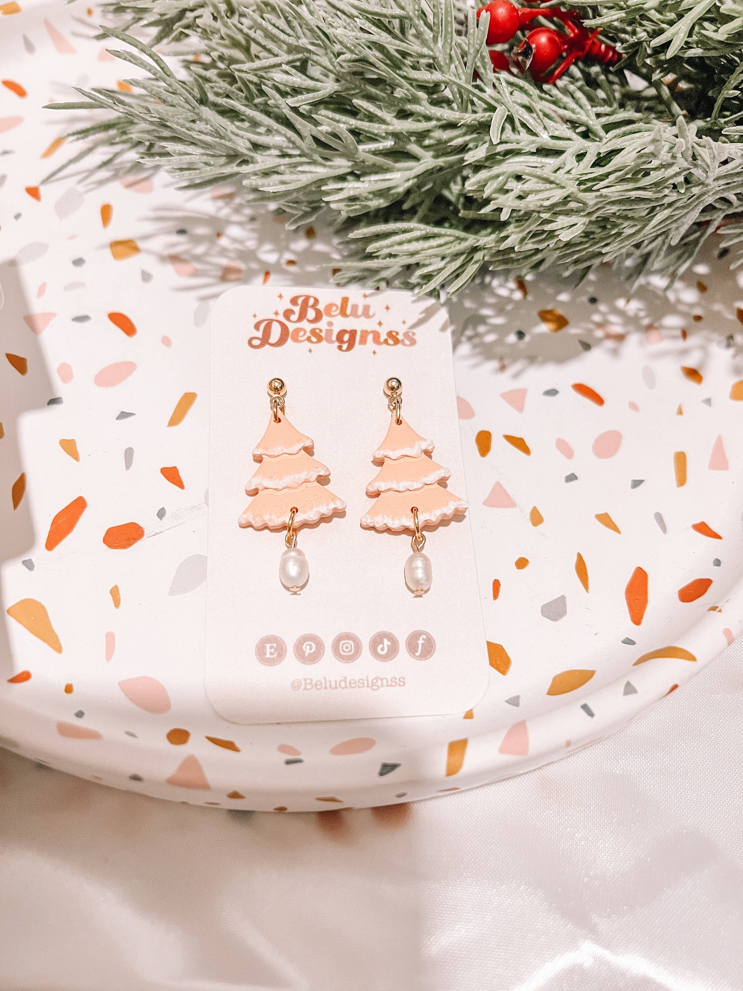 Peach Christmas Tree Polymer Clay Earrings