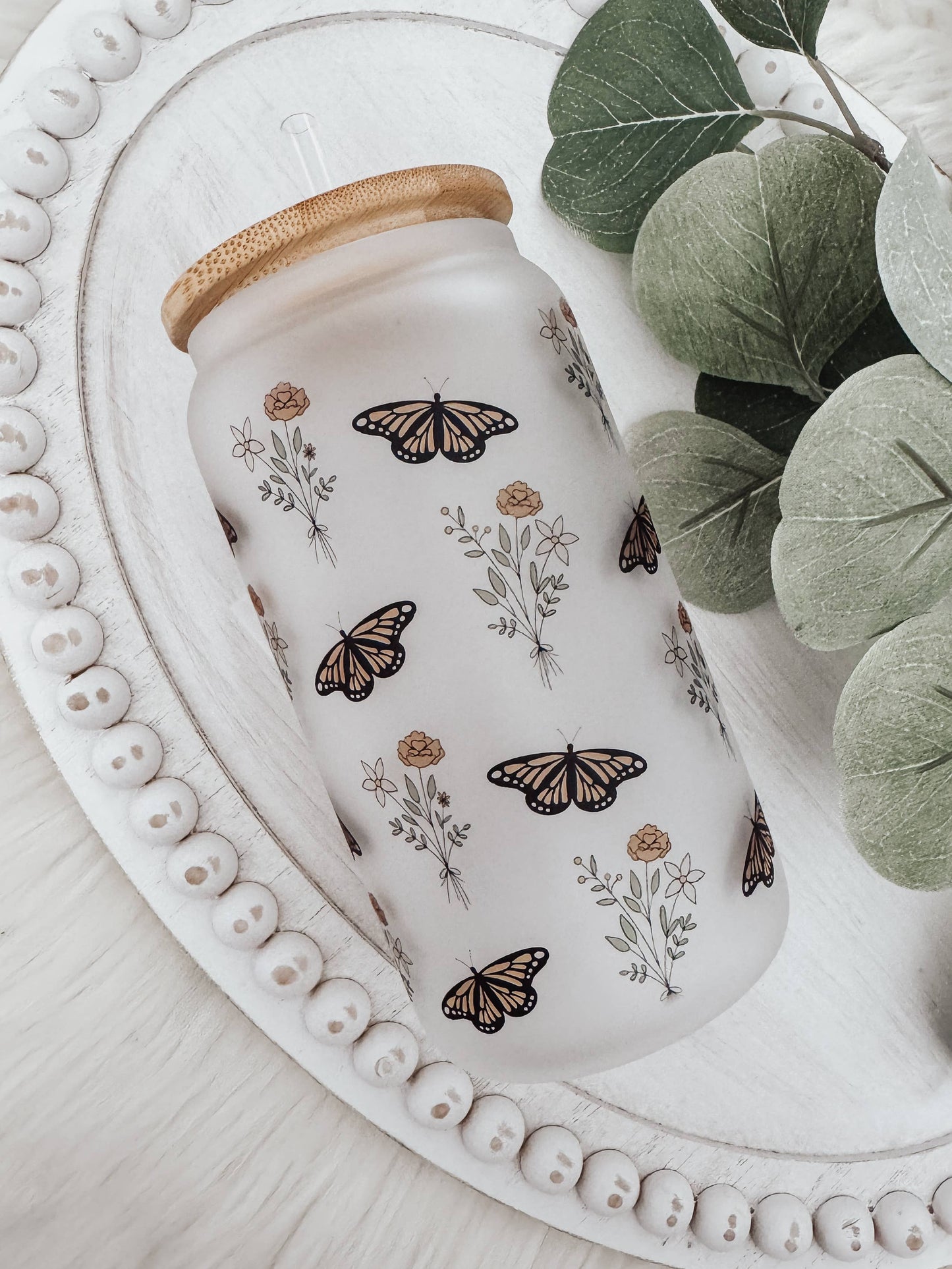 Boho Butterfly 16oz Glass Cup with Bamboo Lid: Frosted