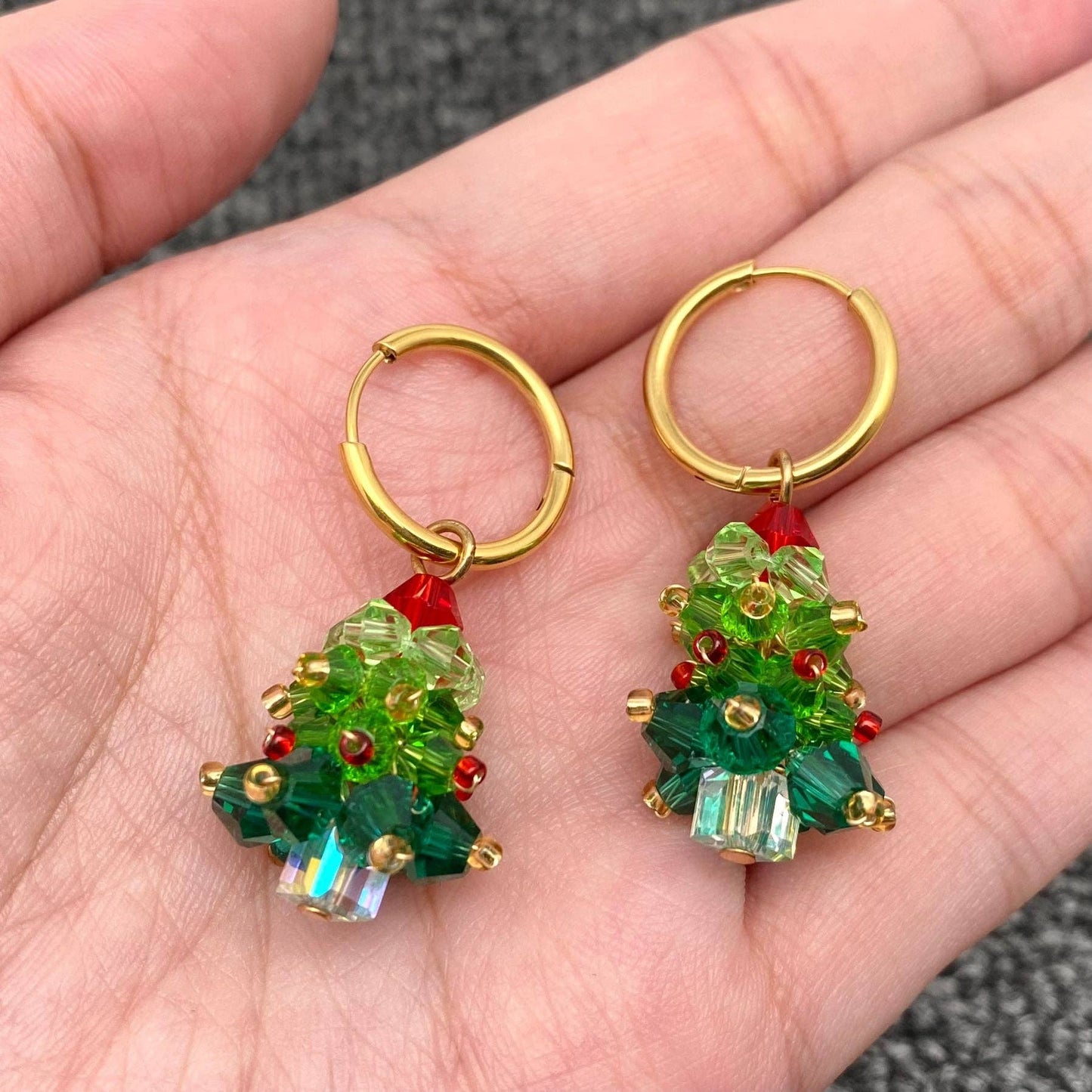Crystal Christmas Tree 18K Golden SS Huggie Earrings - FGS