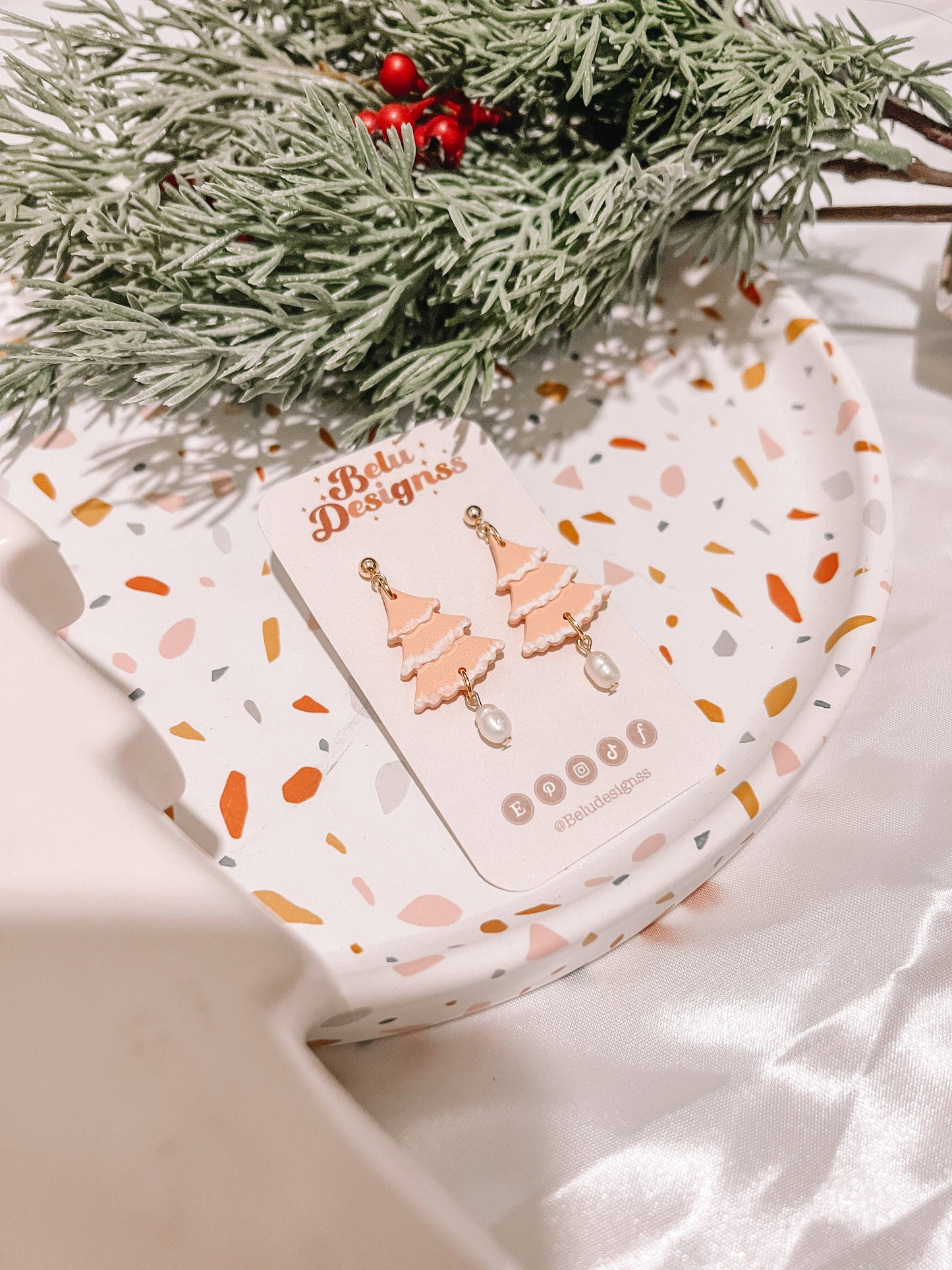 Peach Christmas Tree Polymer Clay Earrings