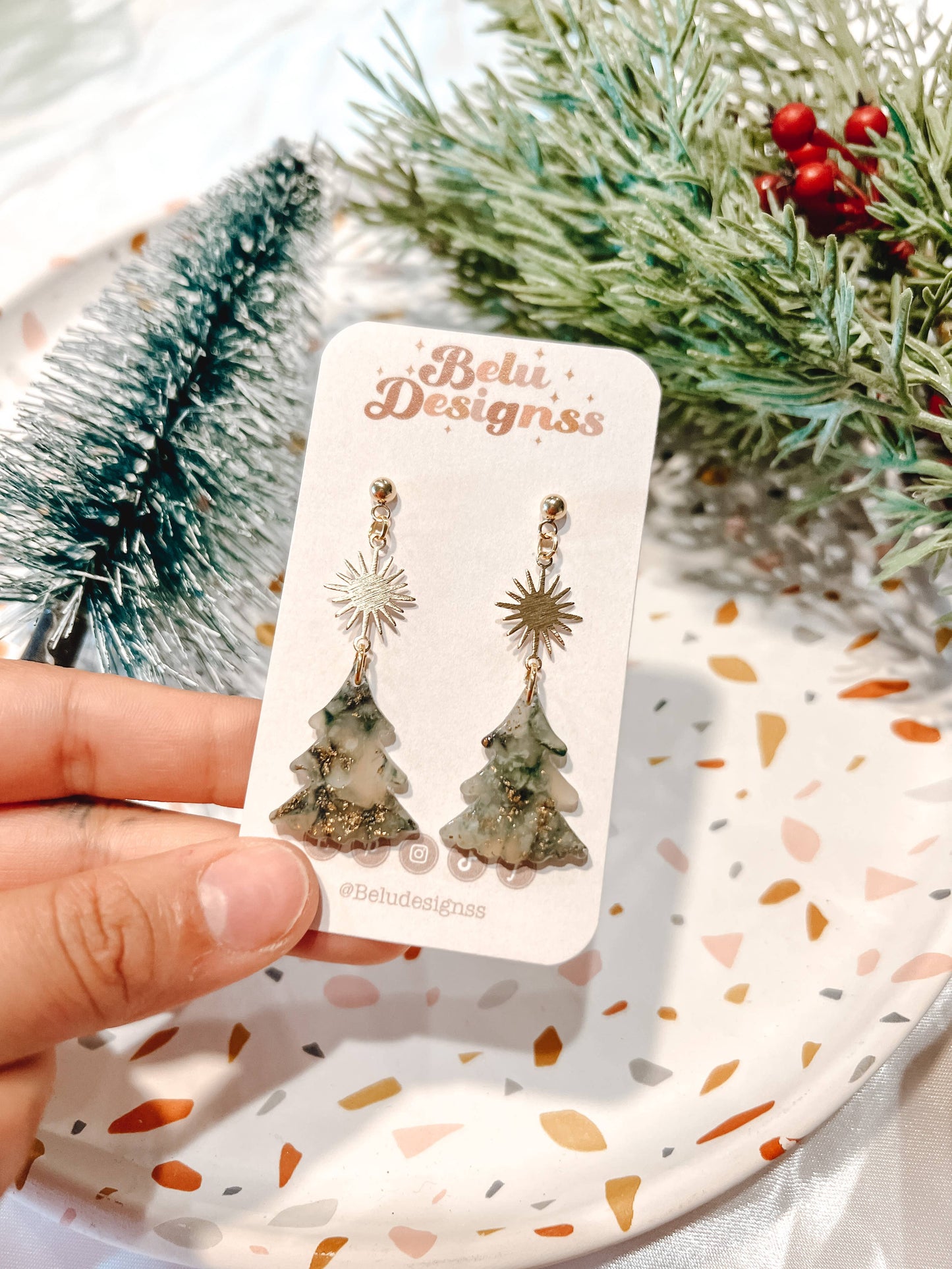 Translucent Green and Gold Handmade Christmas Clay Earrings