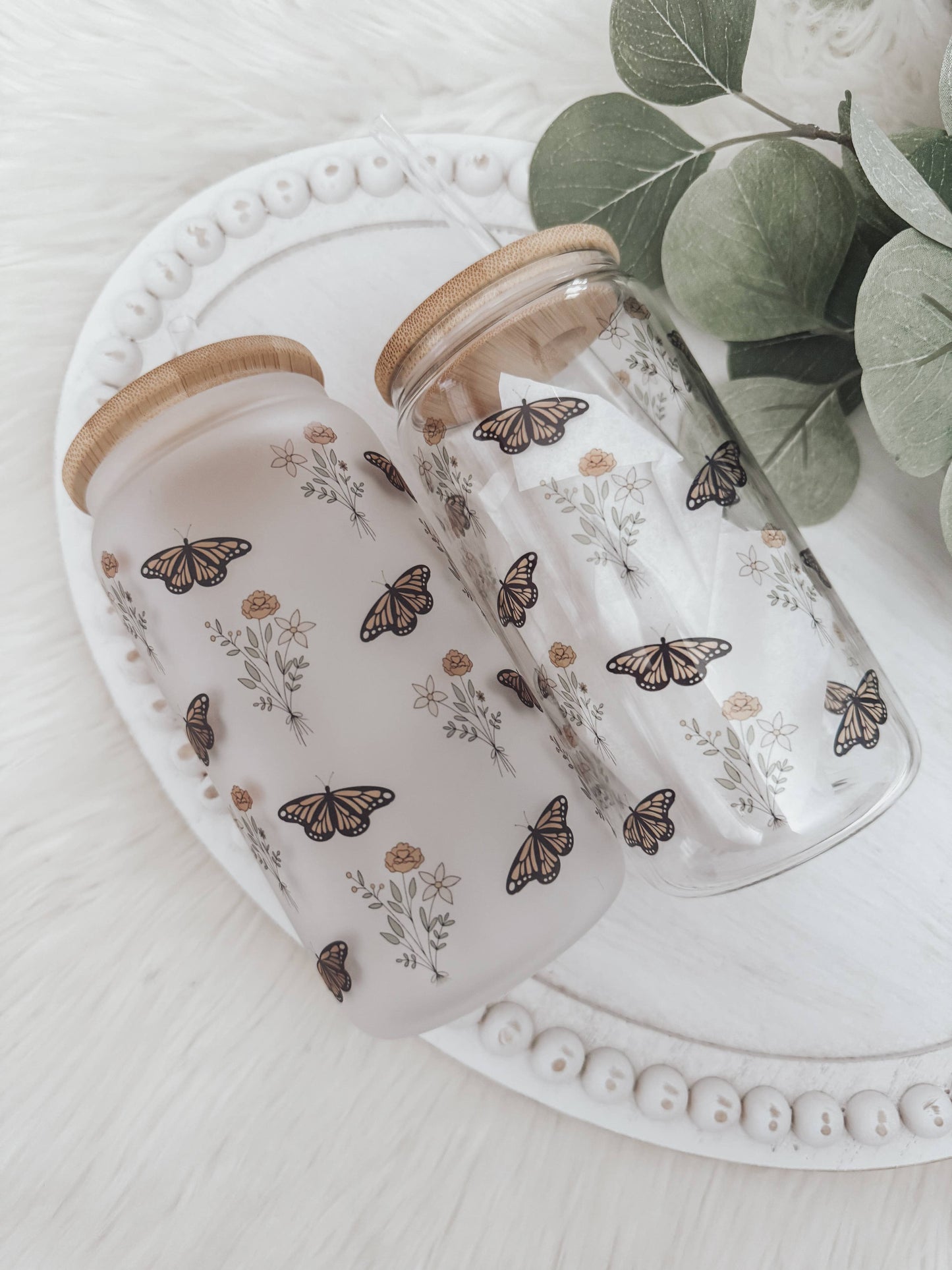 Boho Butterfly 16oz Glass Cup with Bamboo Lid: Frosted