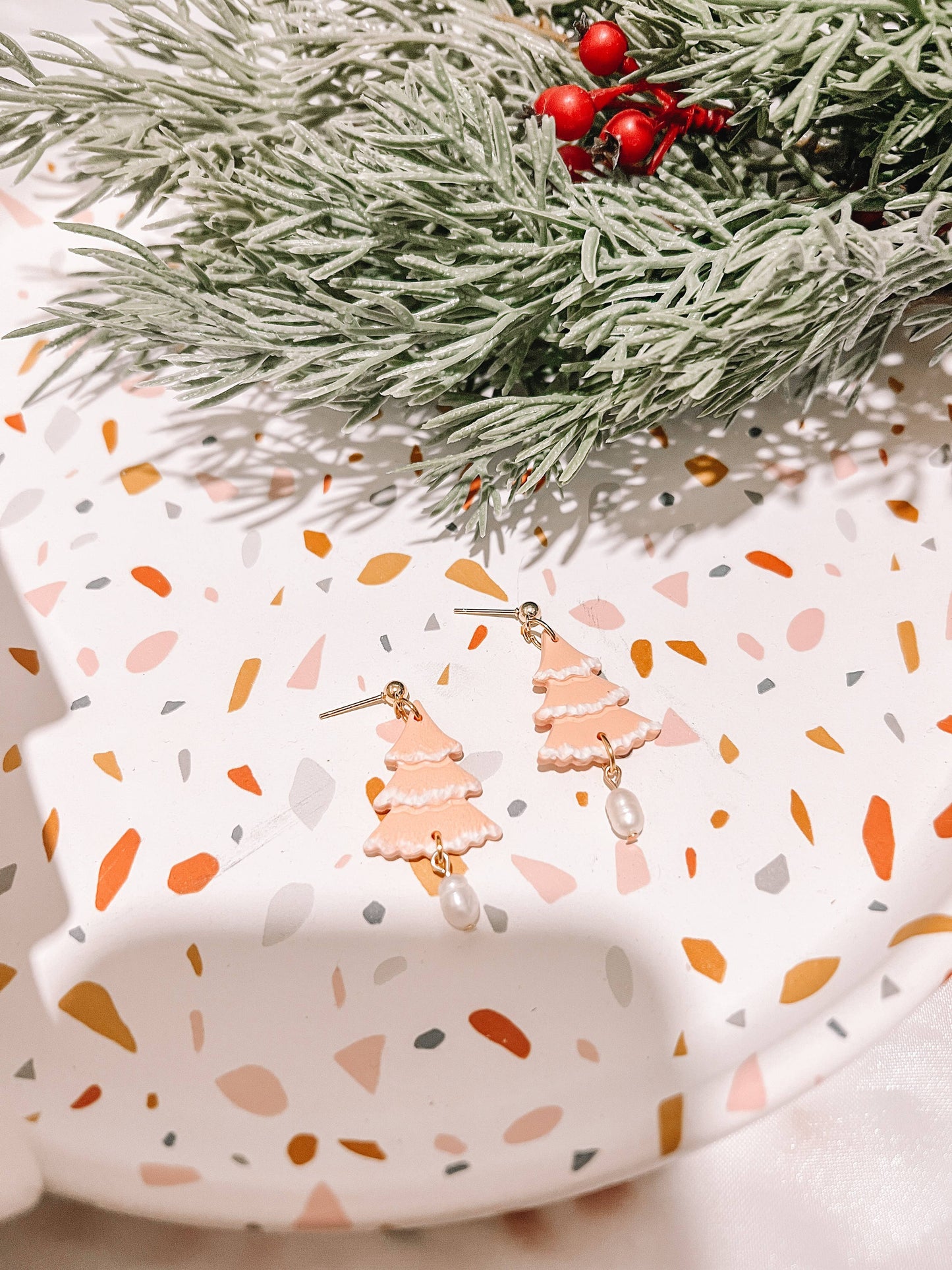 Peach Christmas Tree Polymer Clay Earrings