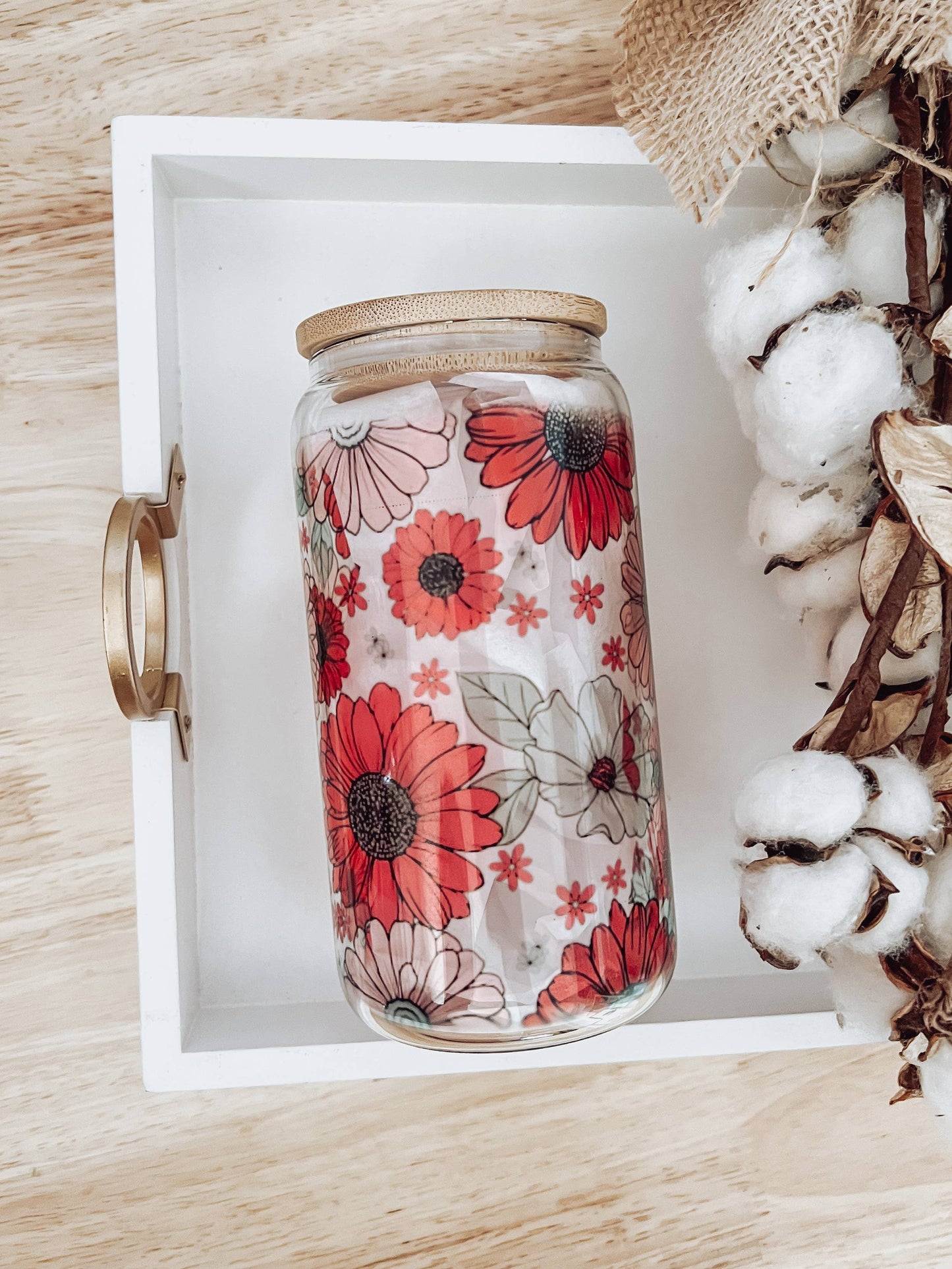 Christmas Floral 16 oz Glass Cup with Bamboo Lid