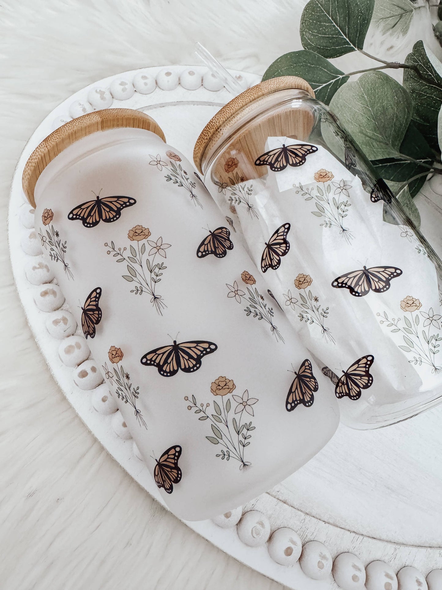 Boho Butterfly 16oz Glass Cup with Bamboo Lid: Frosted