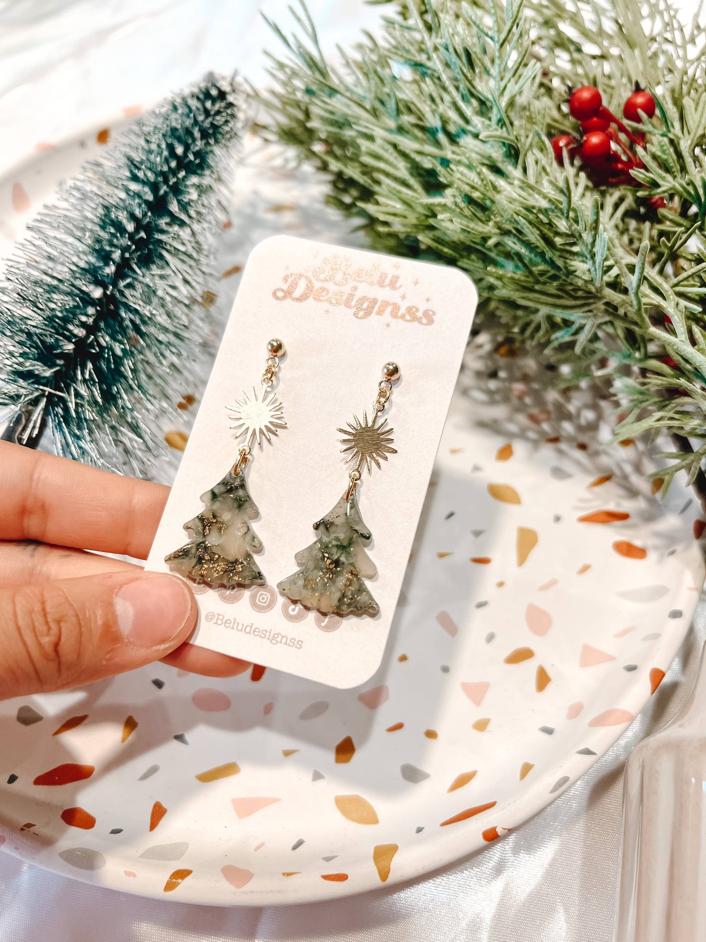 Translucent Green and Gold Handmade Christmas Clay Earrings