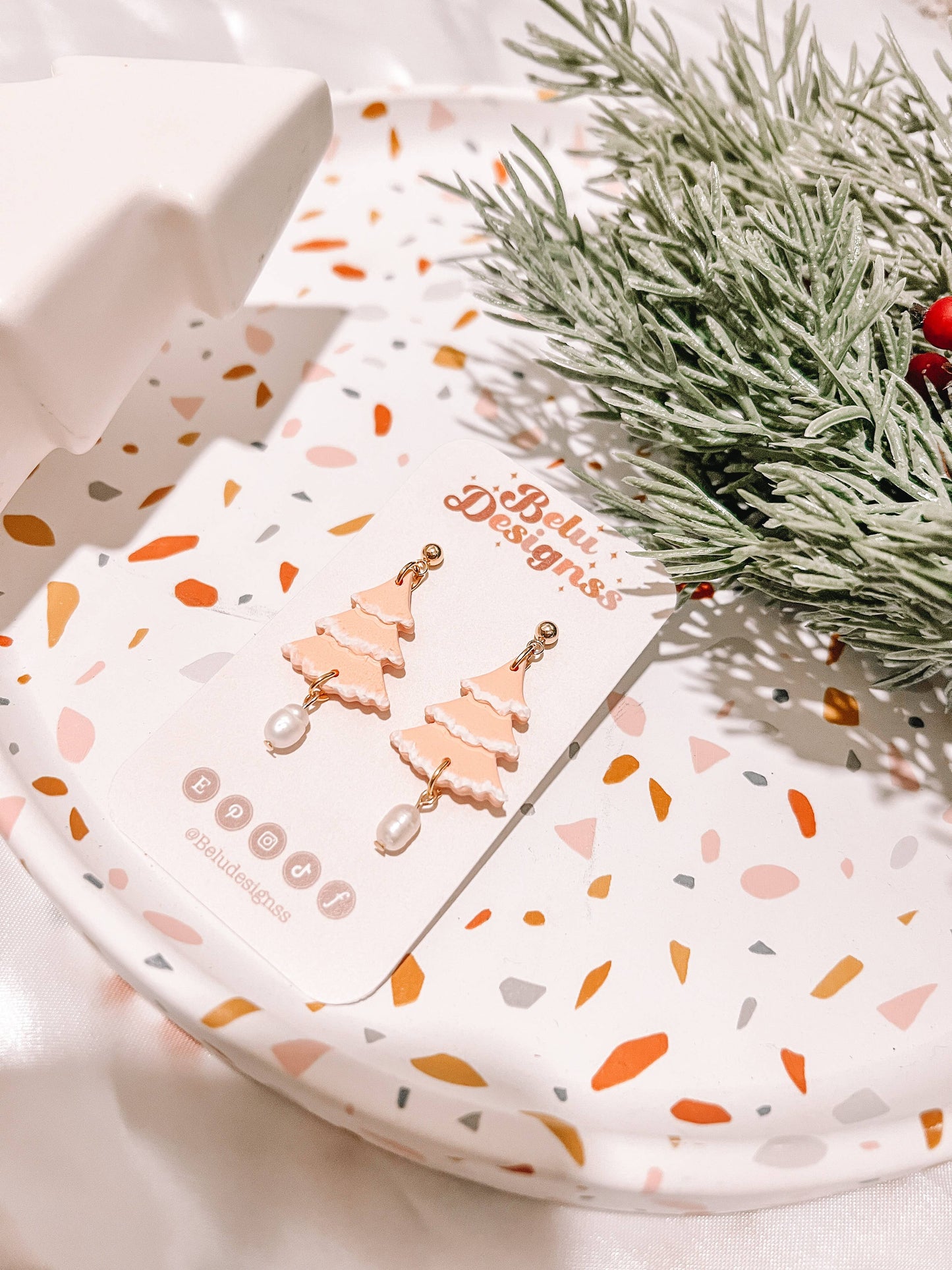 Peach Christmas Tree Polymer Clay Earrings