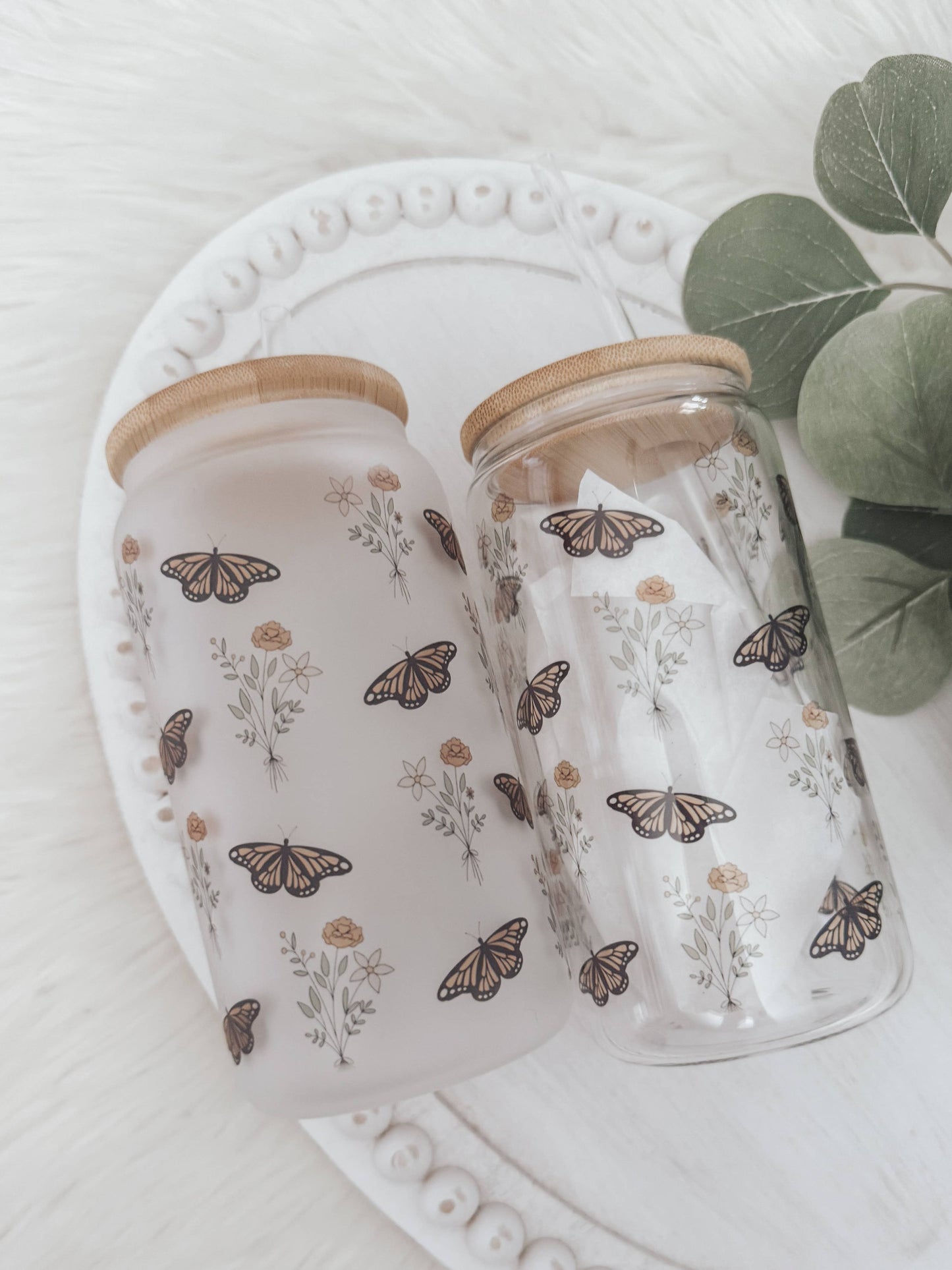 Boho Butterfly 16oz Glass Cup with Bamboo Lid: Frosted