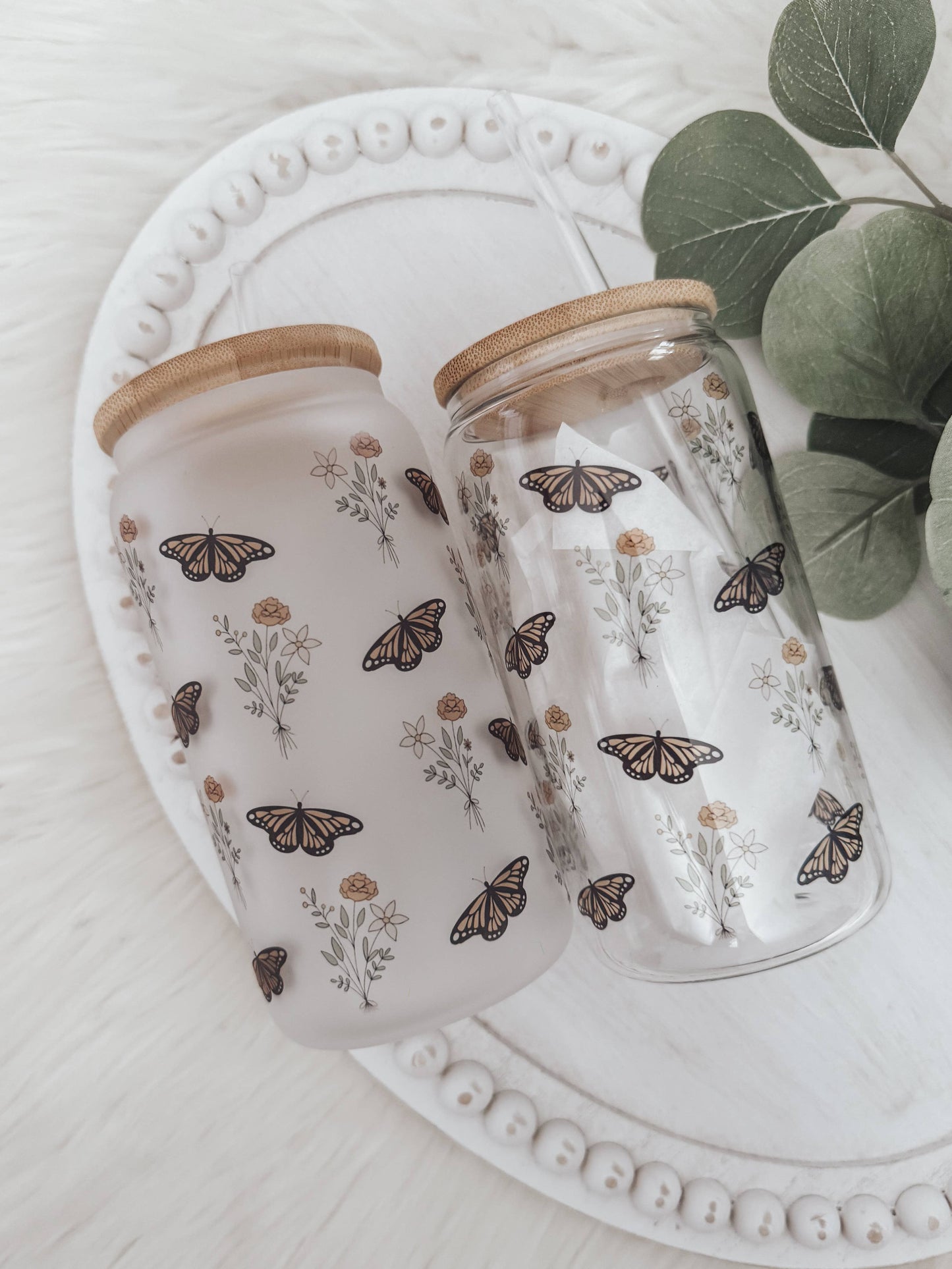 Boho Butterfly 16oz Glass Cup with Bamboo Lid: Frosted