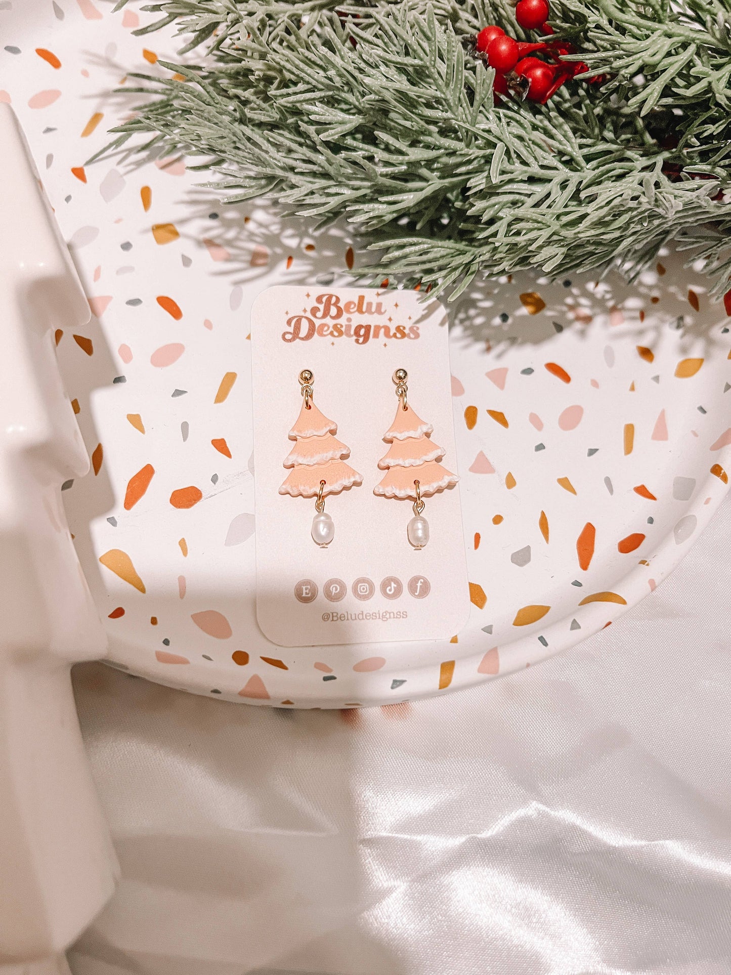 Peach Christmas Tree Polymer Clay Earrings