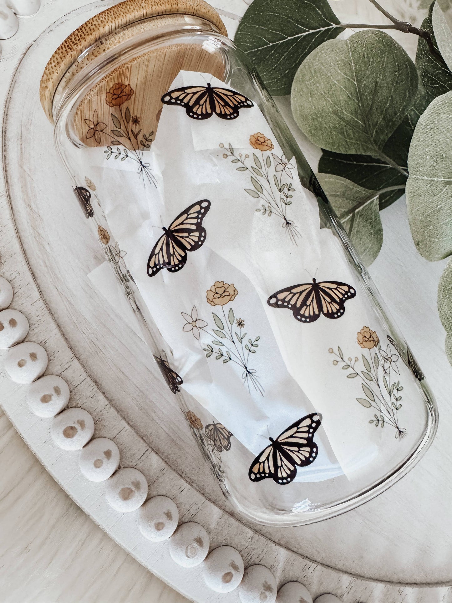 Boho Butterfly 16oz Glass Cup with Bamboo Lid: Frosted