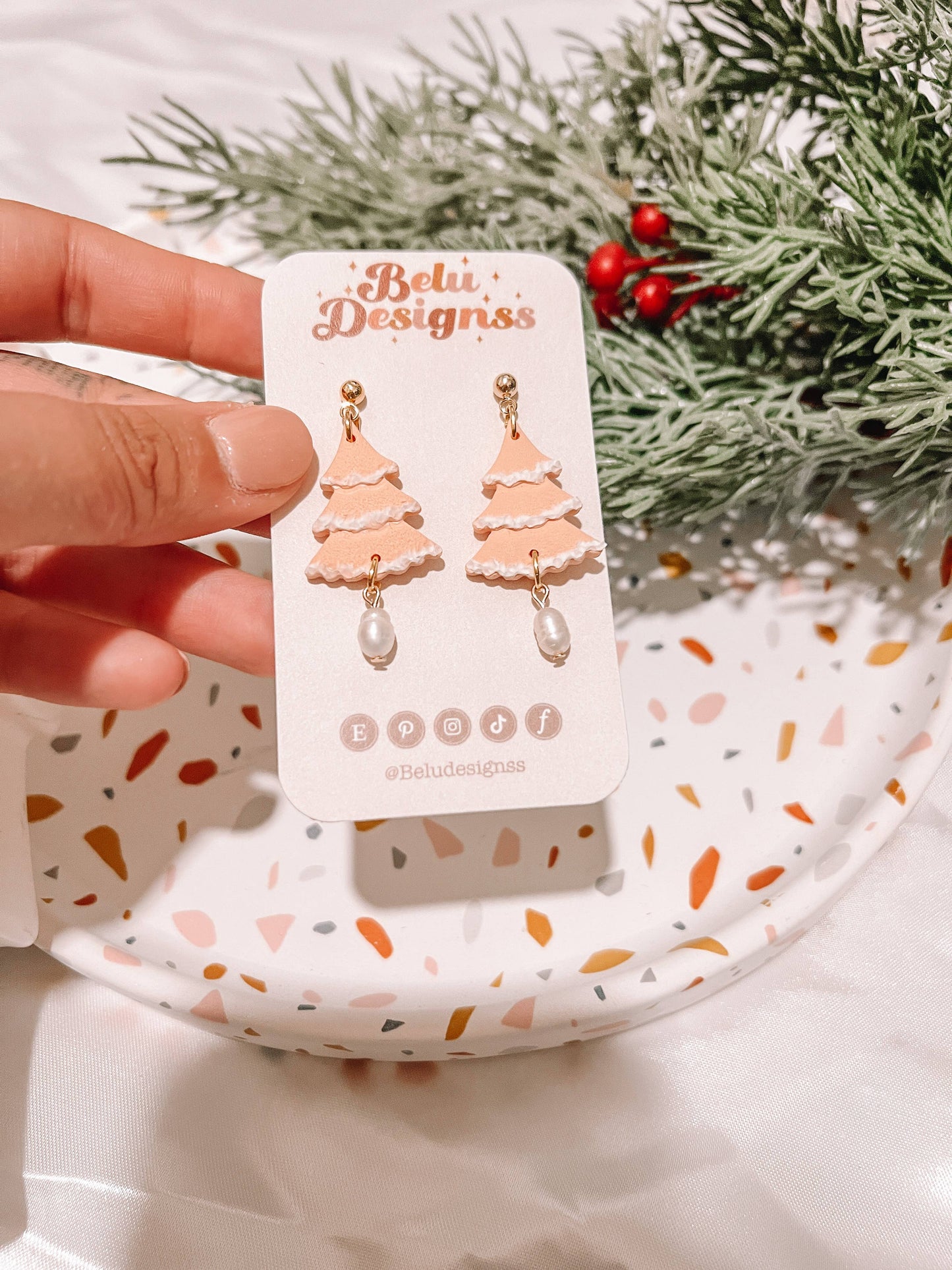 Peach Christmas Tree Polymer Clay Earrings