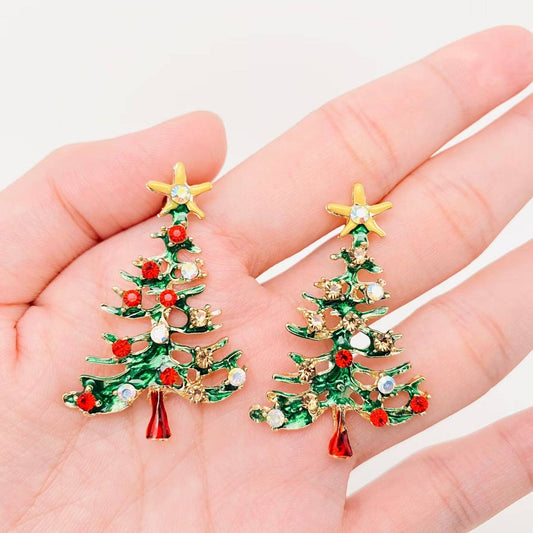 Rhinestone Enamel Christmas Tree Post Earrings