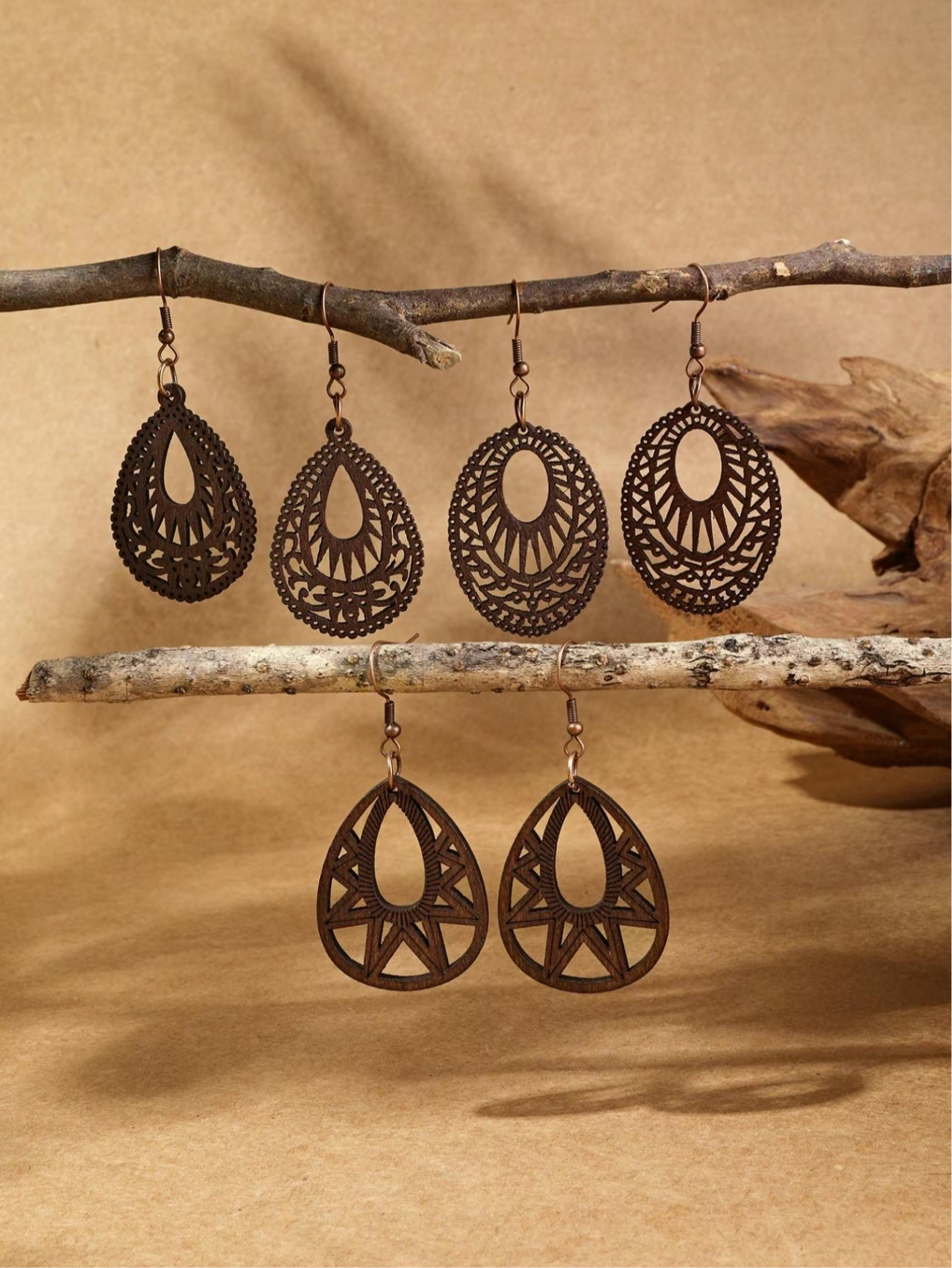 3 Pairs of Wooden Dangle Earrings