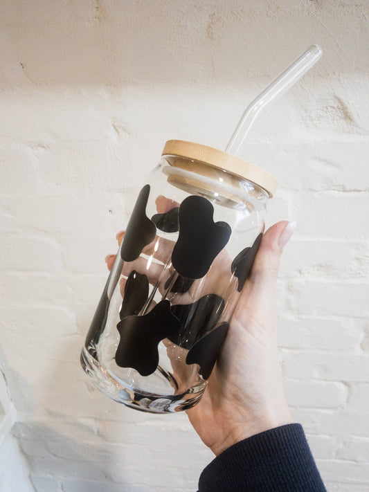 Cow print iced coffee glass; bamboo lid and glass straw