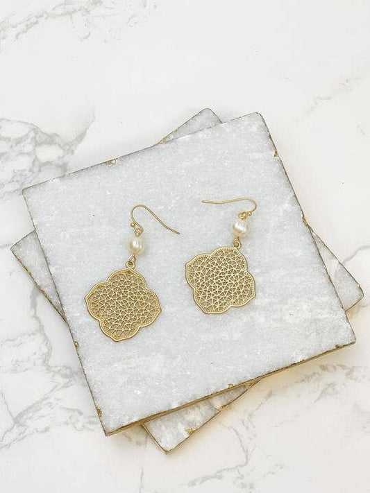 Filigree Freshwater Pearl Dangle Earrings: Gold