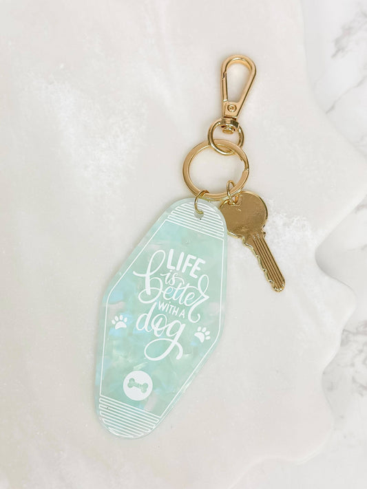 'Life Is Better With A Dog' Retro Motel Keychain: Mint