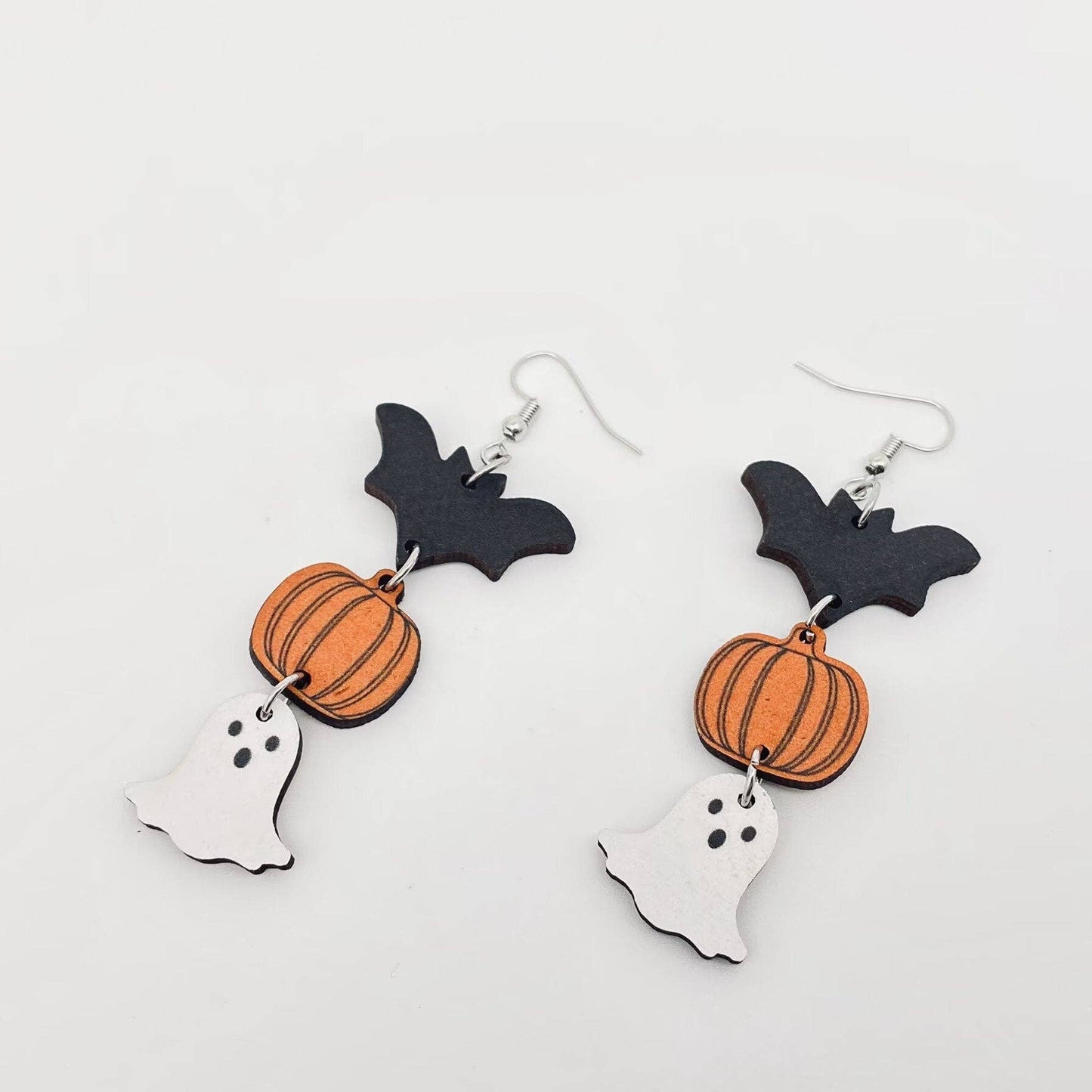 Halloween Ghost Pumpkin Bat Wooden Double Sided Earrings