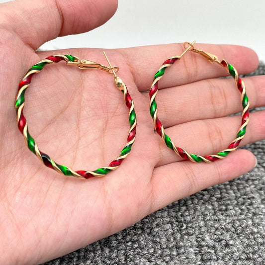 Christmas Colored Enamel Spiral Geometric Hoop Earrings