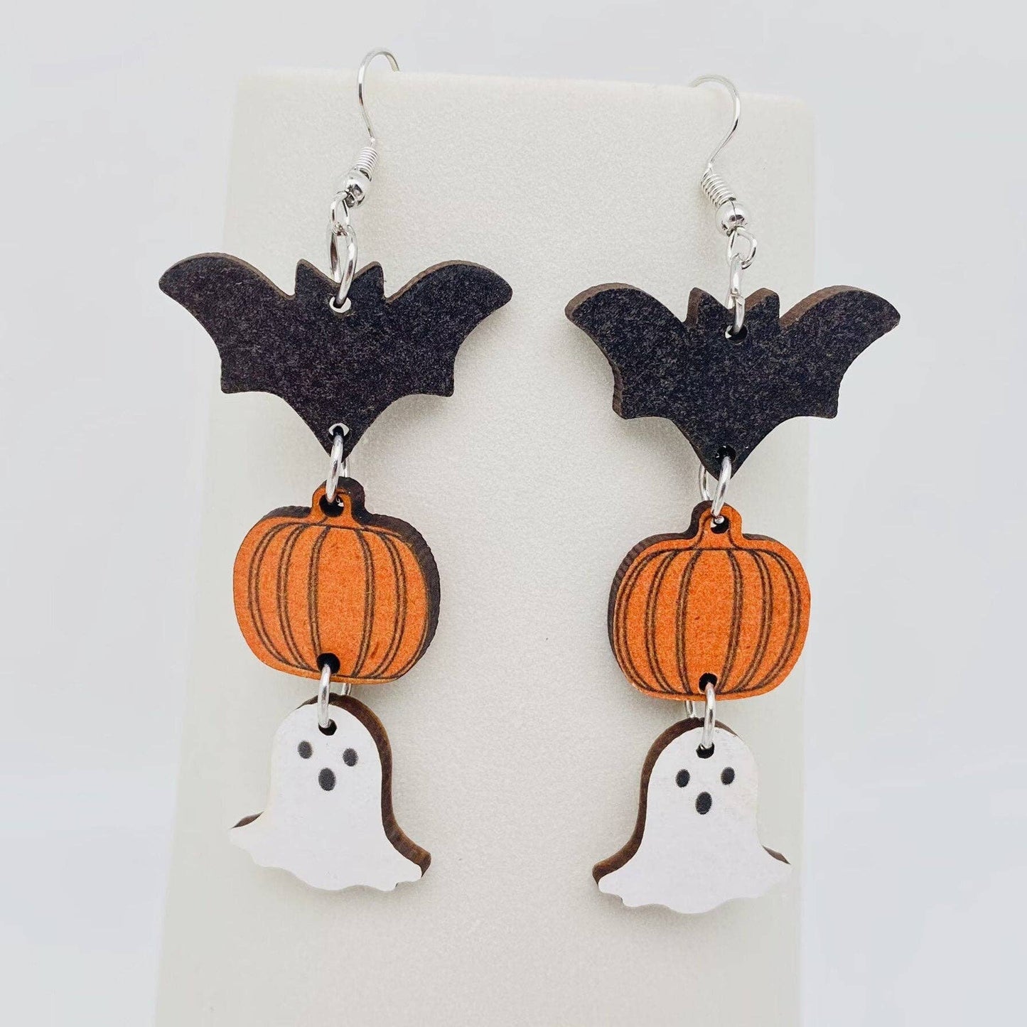 Halloween Ghost Pumpkin Bat Wooden Double Sided Earrings