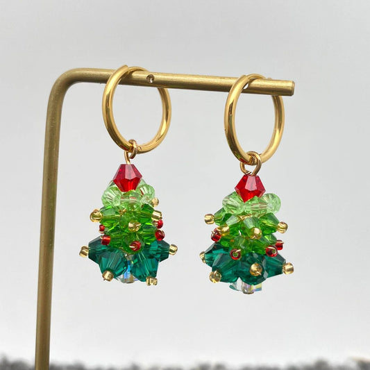 Crystal Christmas Tree 18K Golden SS Huggie Earrings - FGS