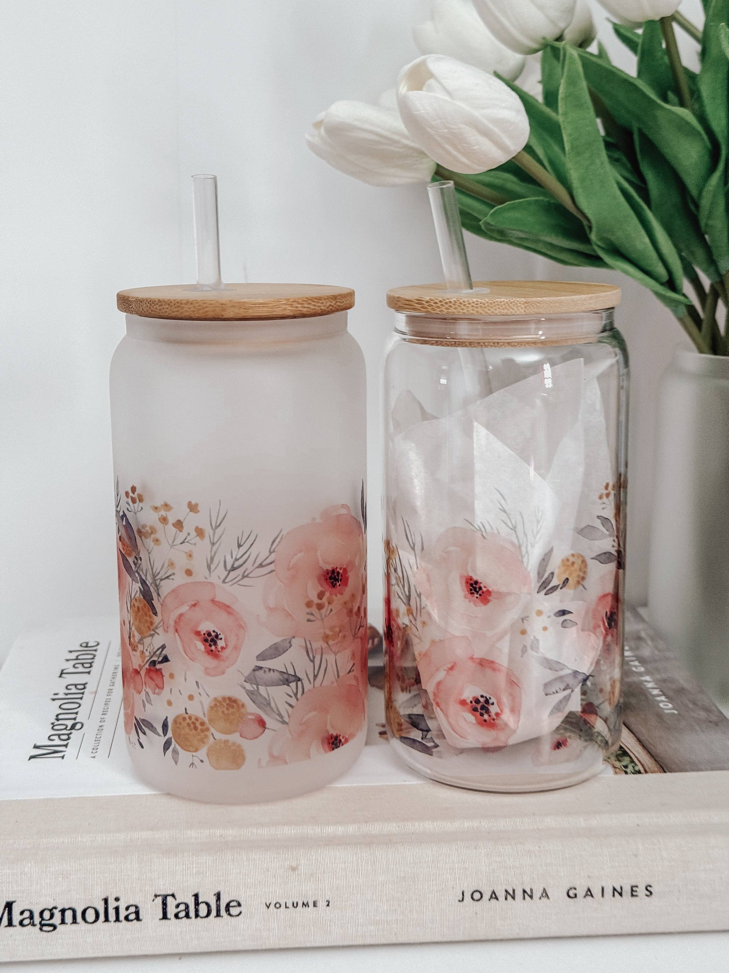 Watercolor Roses 16oz Glass Cup with Bamboo Lid: Clear