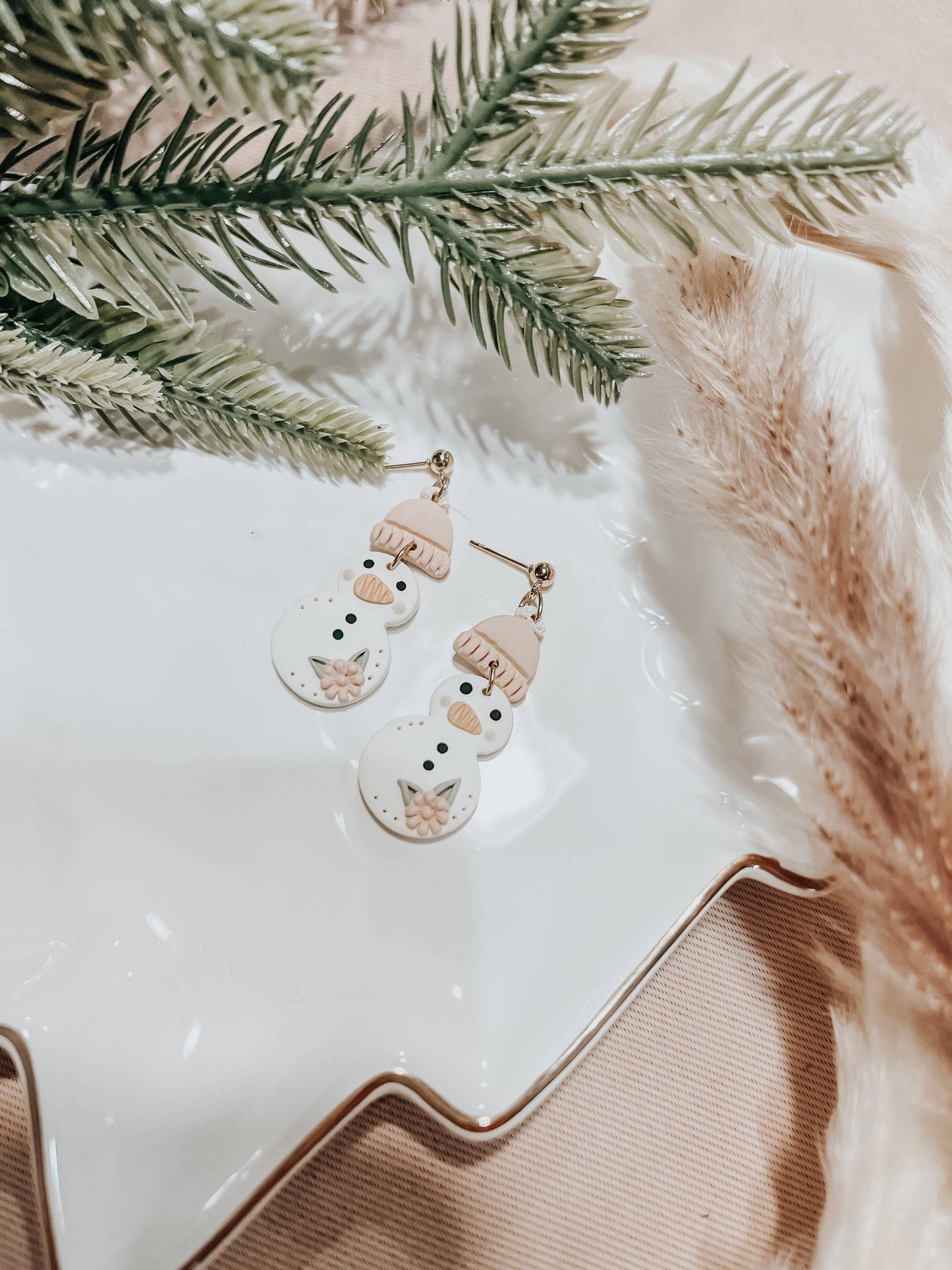 Snowman with pink hat Christmas polymer clay earrings