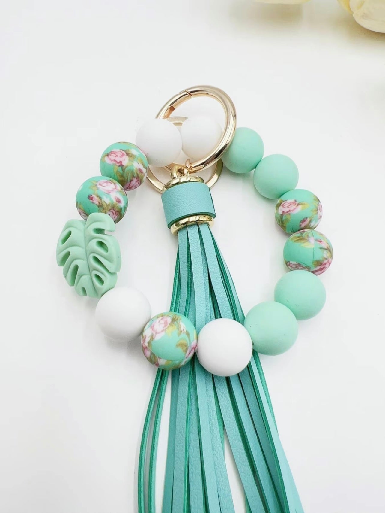 Mint Leaf Rubber Beaded Keychain