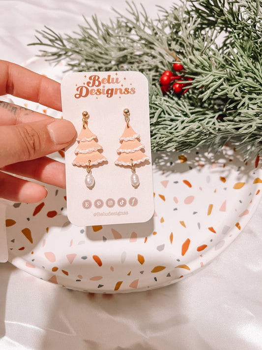 Peach Christmas Tree Polymer Clay Earrings