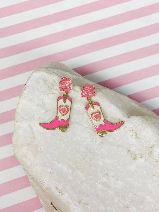 Pink Rose Cowboy Boot Dangle Earrings