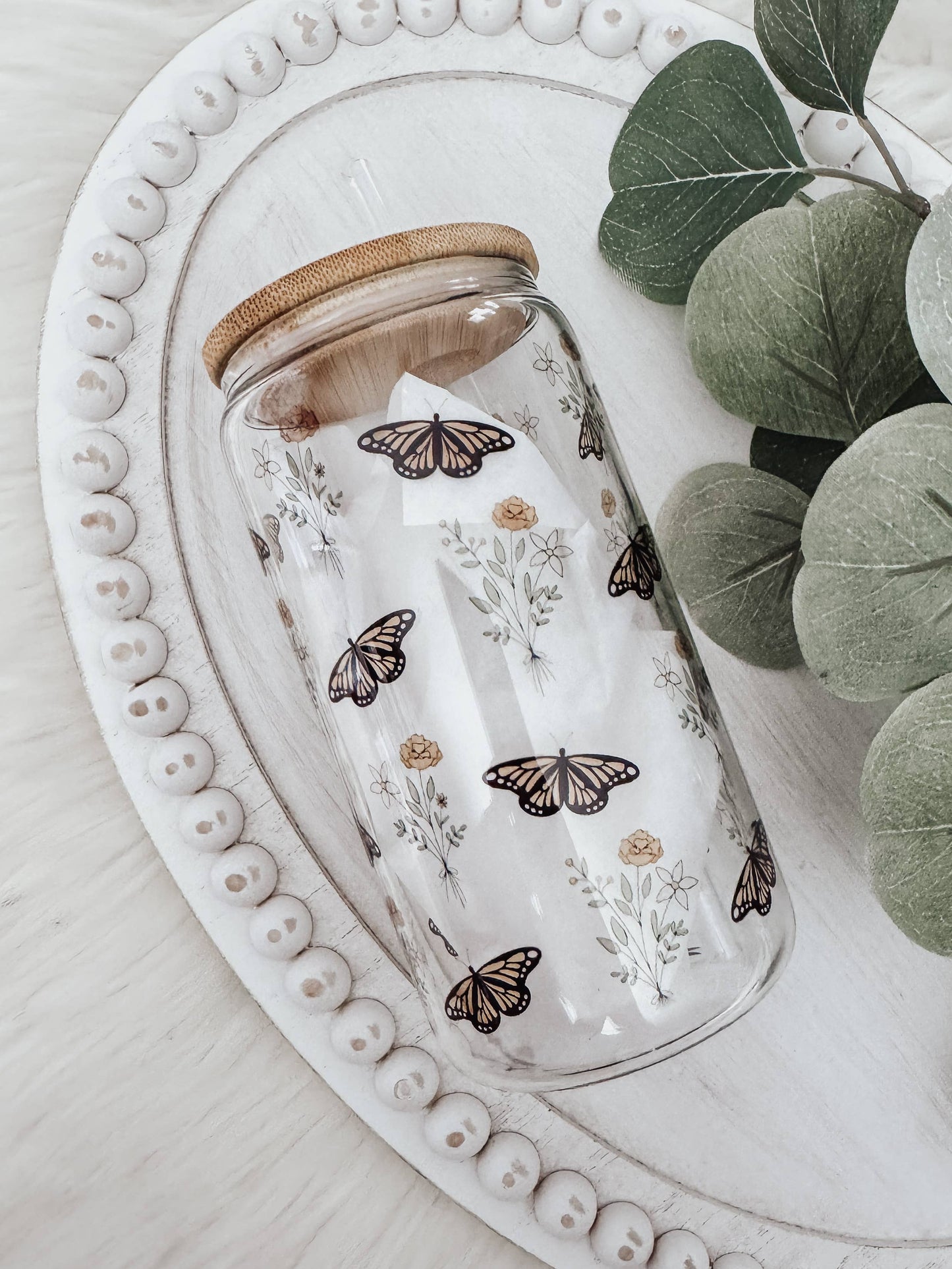 Boho Butterfly 16oz Glass Cup with Bamboo Lid: Frosted