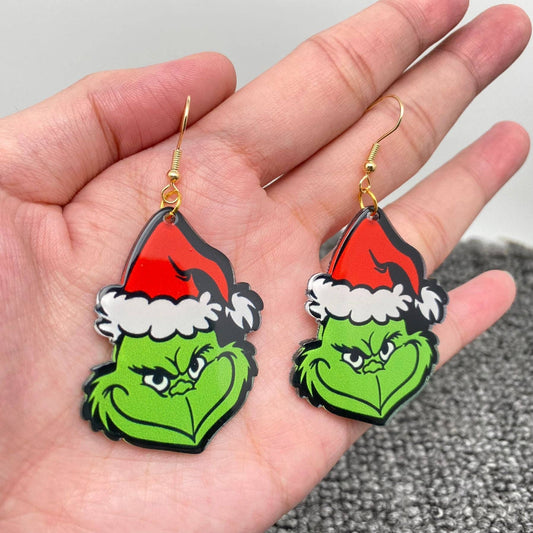 Acrylic Grinch & Christmas Hat Dangle Earrings