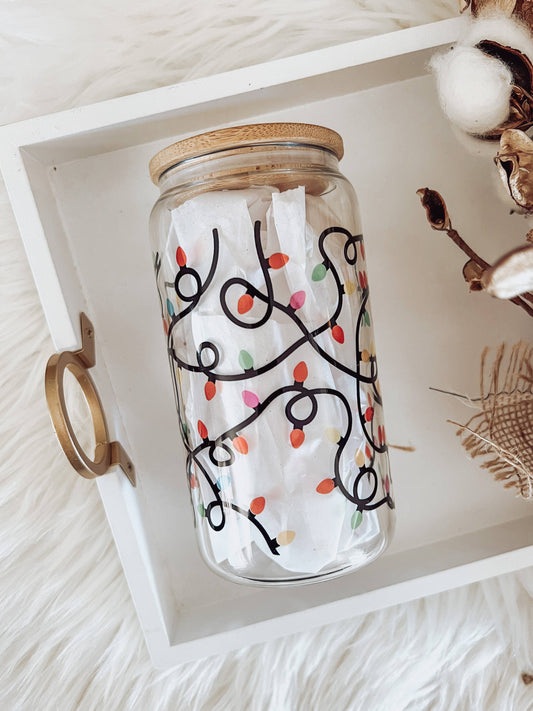 Christmas Lights 16 oz Glass Cup with Bamboo Lid