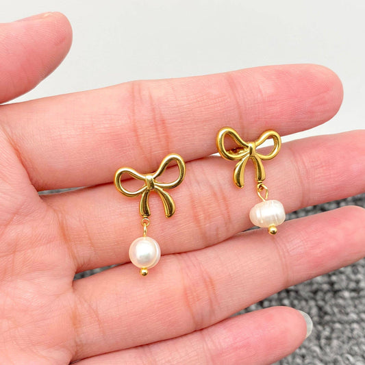 Pearl Charm 18K Gold Plated SS Bow Post Earrings