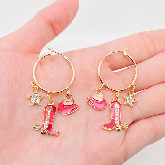 Pink Boots & Hat Western Style Hoop Earrings