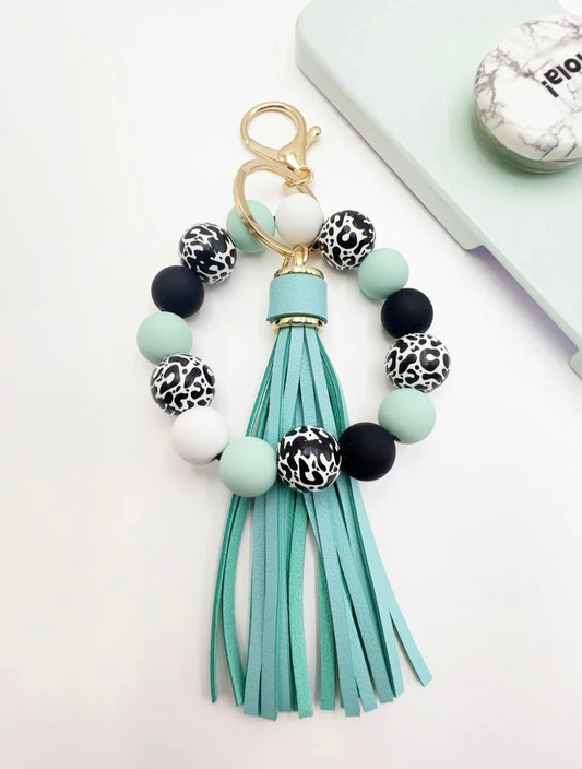 Mint Leopard Rubber Beaded Keychain