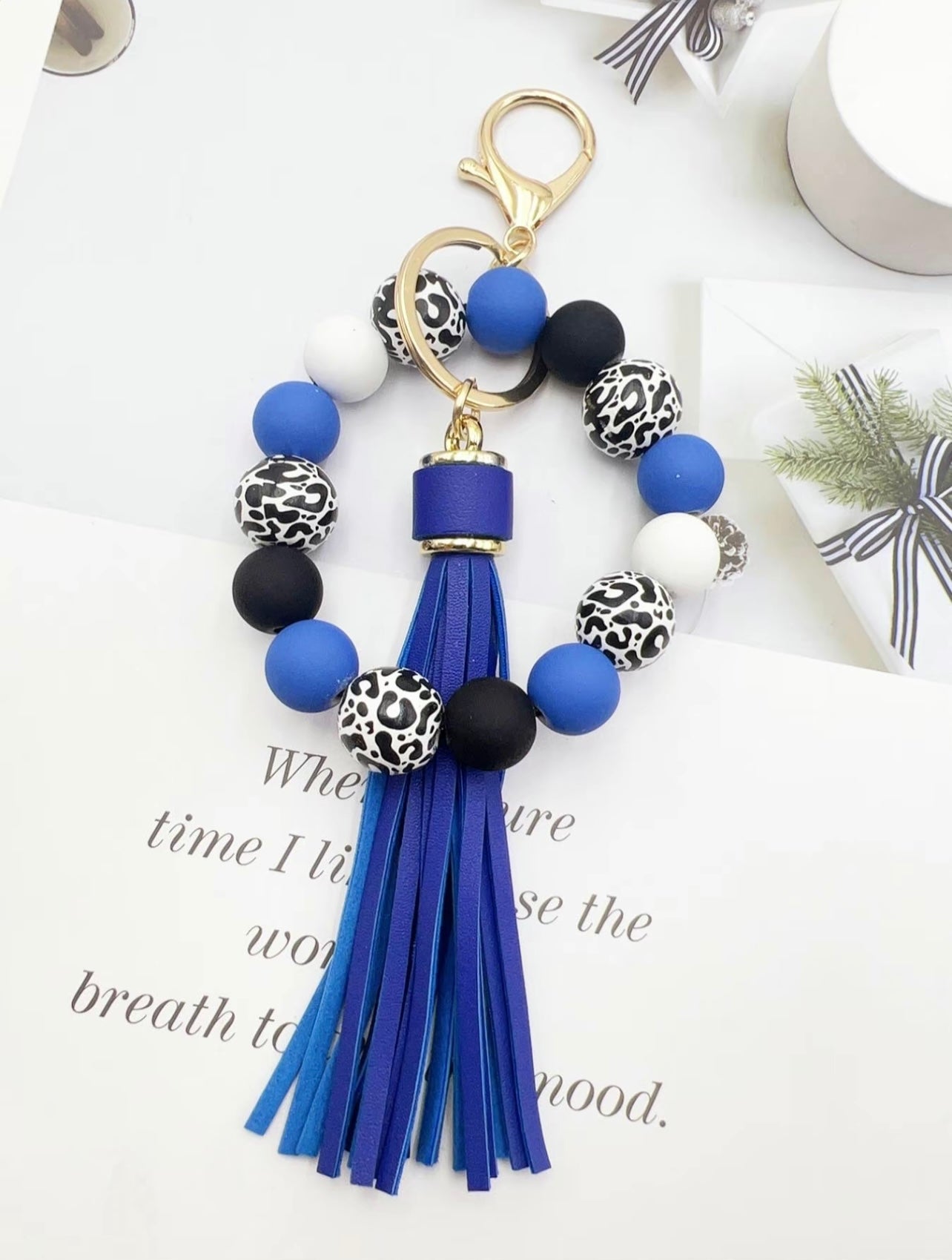 Blue Leopard Rubber Beaded Keychain