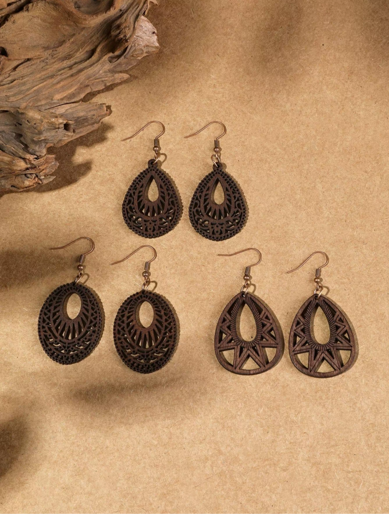 3 Pairs of Wooden Dangle Earrings