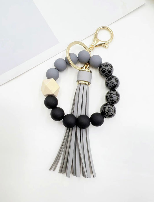 Grey Paw Print Rubber Beaded Keychain