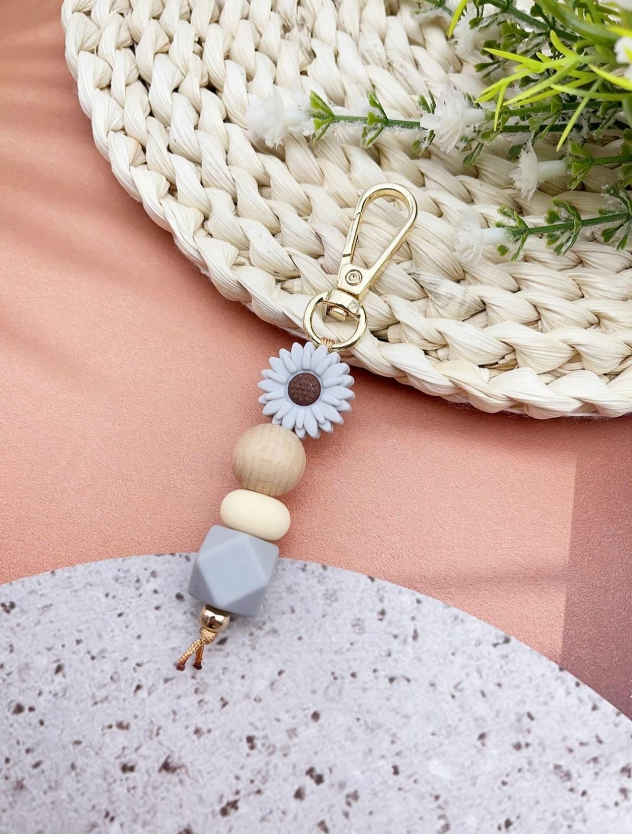 Flower Rubber Beaded Key Chain- Grey