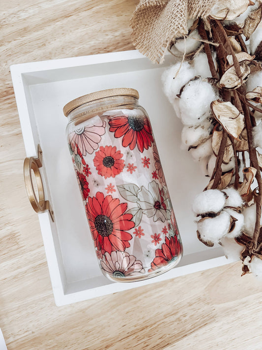 Christmas Floral 16 oz Glass Cup with Bamboo Lid