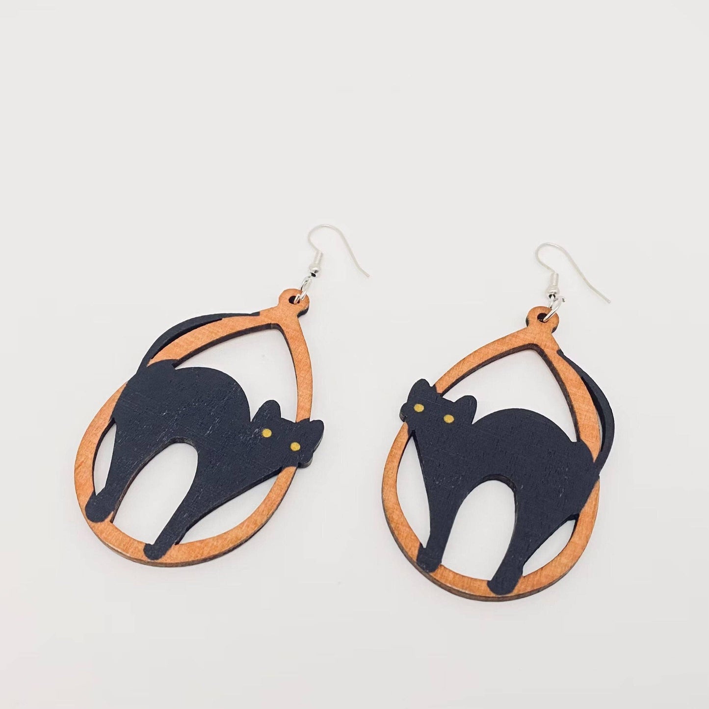 Halloween Black Cat Wooden Dangle Earrings