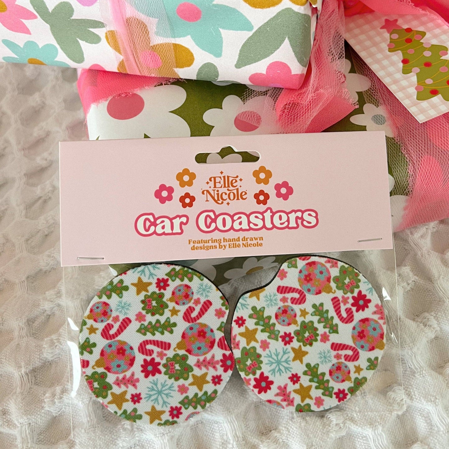 Car Cupholder Coasters - Pink Christmas