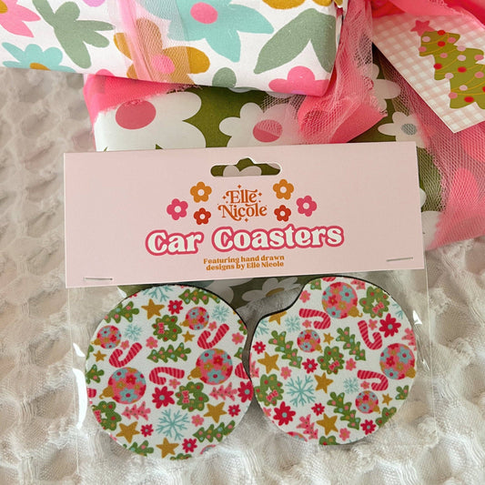 Car Cupholder Coasters - Pink Christmas