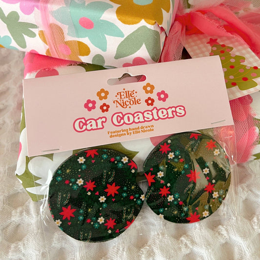 Car Cupholder Coasters - Holiday Poinsettia Print