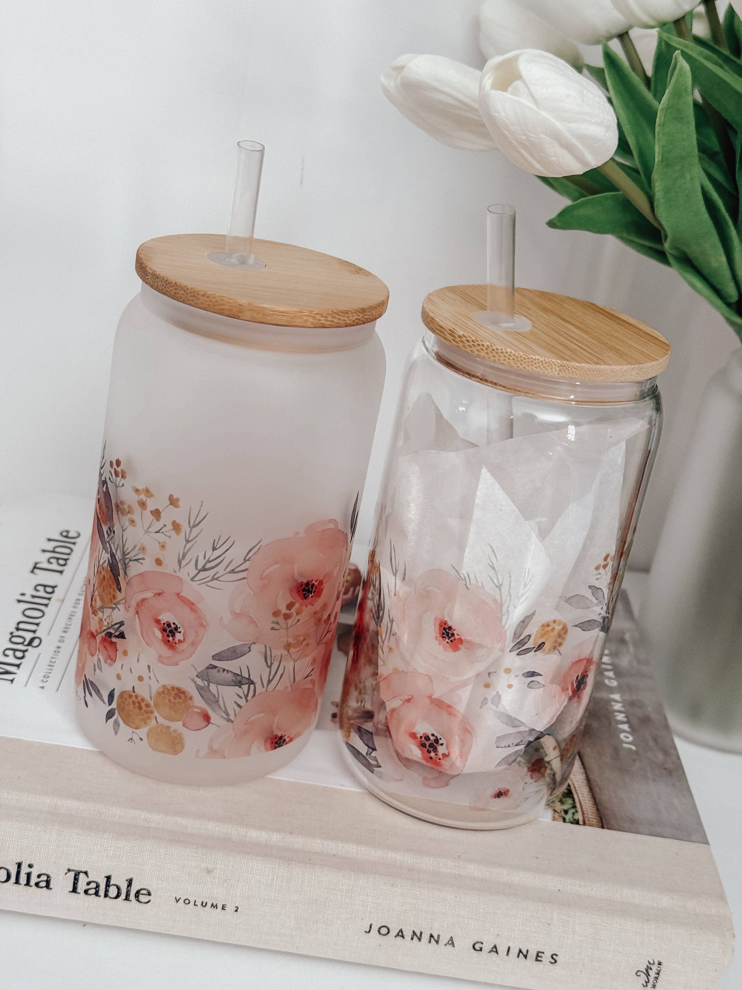 Watercolor Roses 16oz Glass Cup with Bamboo Lid: Clear