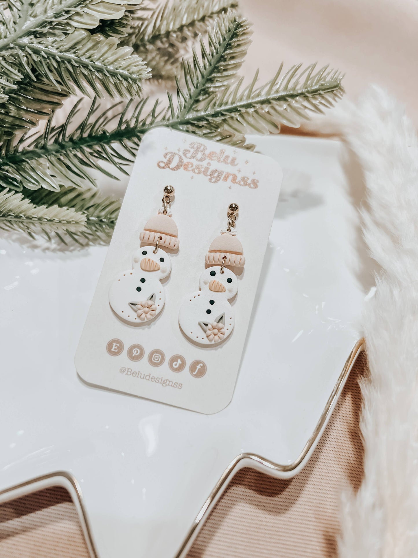 Snowman with pink hat Christmas polymer clay earrings