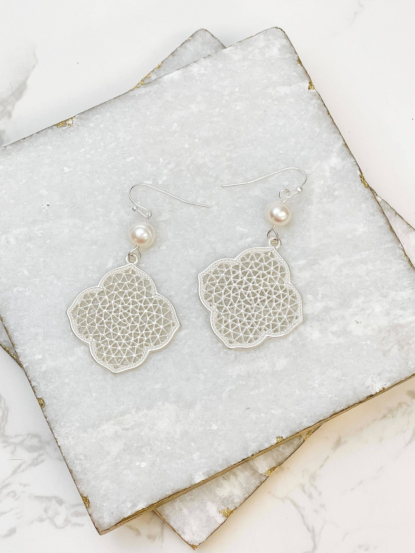 Filigree Freshwater Pearl Dangle Earrings: Gold