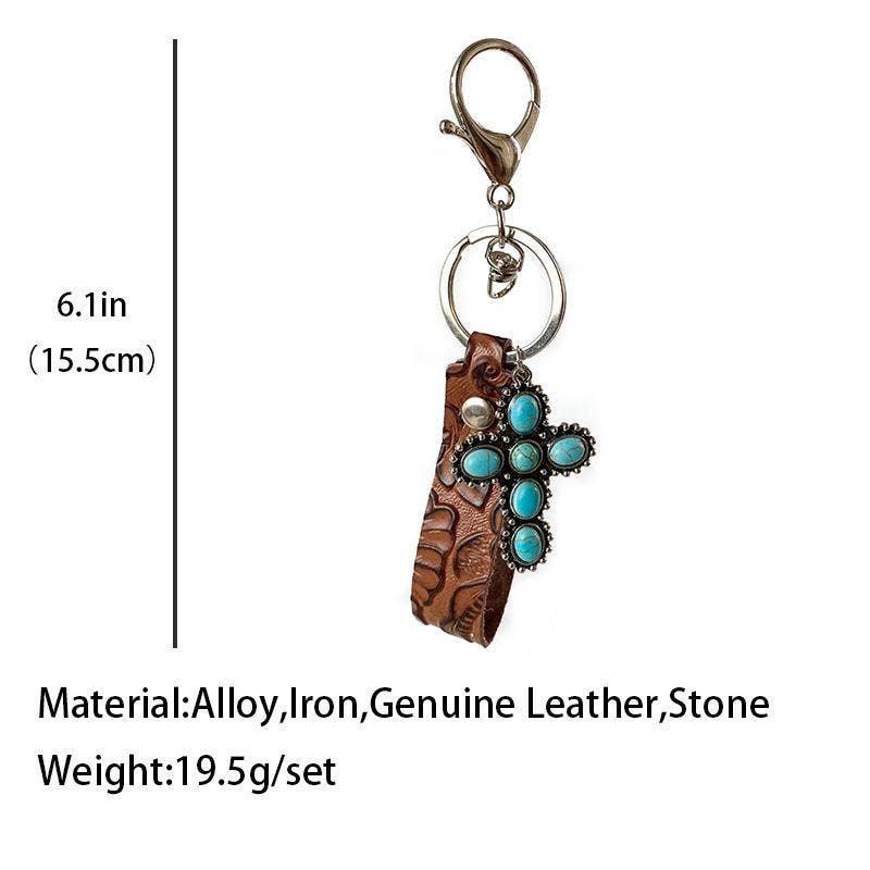 Leather Western Style Turquoise Pendant Keychain